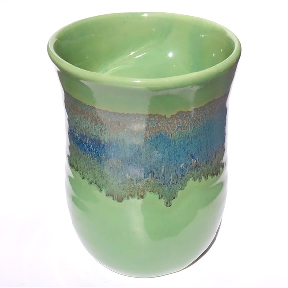 Left Handed Mug Neher Signed Pottery Green Blue Drip Glossy Glaze 2017 Tall Cup - Picture 5 of 15